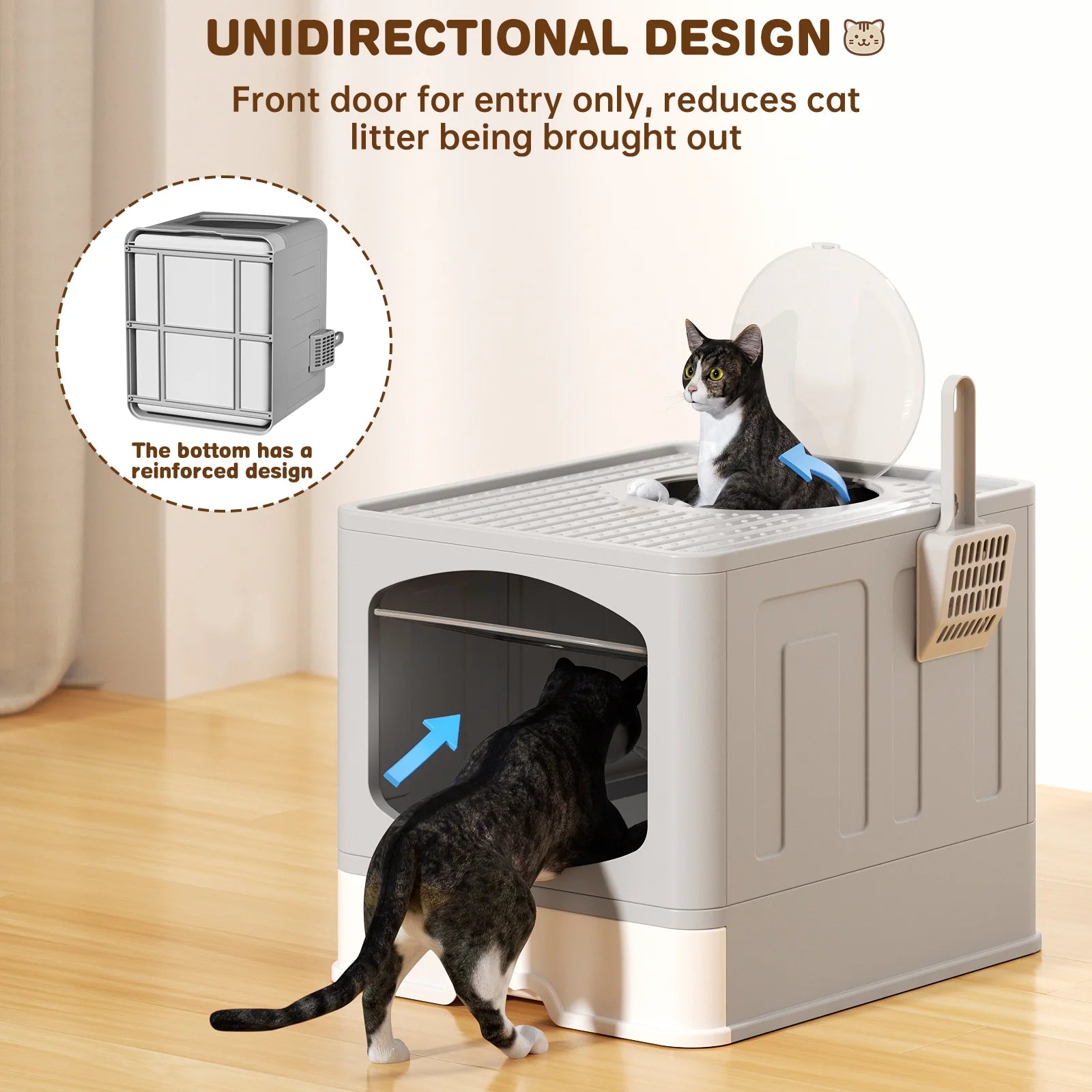 Large Foldable Cat Litter Box with Scoop, Front Entry Top Exit Cat Litter Pan with Lid, Enclosed Anti-Splashing Kitty Litter Box, Drawer Type Cat Litter Easy Cleaning and Scoop, Gray
